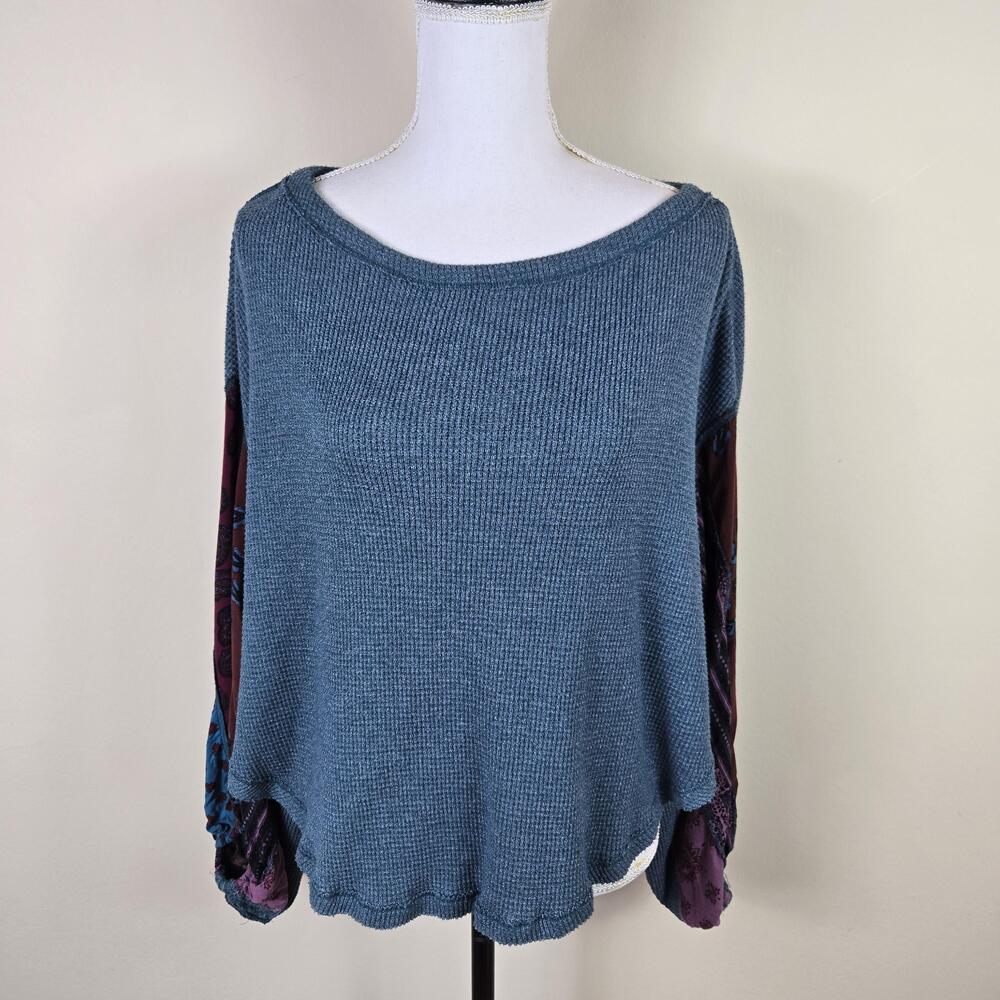 We The Free Sweater Womens XS Teal Thermal Waffle Knit Boho Balloon Sleeve Top